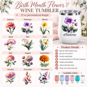 Birth month flower wine tumbler guide showing twelve watercolor floral options, product details, available colors, and personalization choices.