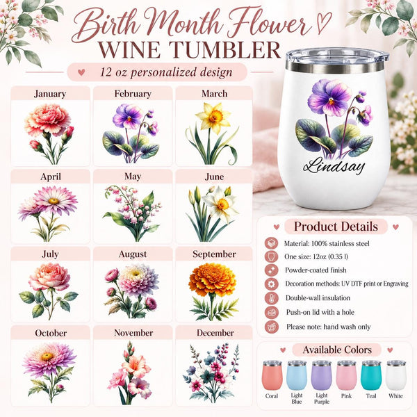 Birth month flower wine tumbler guide showing twelve watercolor floral options, product details, available colors, and personalization choices.