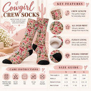 Retro Cowgirl Crew Socks informational graphic featuring pink western patterned socks, fleece lining, all-over print, crew length, washing instructions, and size chart for small, medium, and large in women's and men's US sizes.
