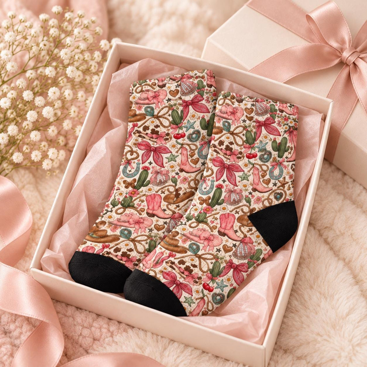 Pair of retro cowgirl socks nestled inside a blush pink gift box with tissue paper and satin ribbon. Girly western design features pink boots, cacti, hearts, horseshoes, and bows, making a cute gift for western fashion lovers.