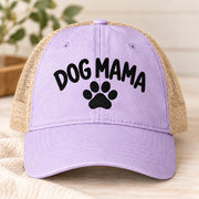 Lavender cap displaying the Dog Mama embroidery in black with a breathable tan mesh back and relaxed low-profile fit.