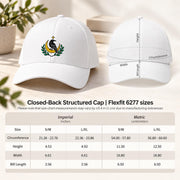 Flexfit 6277 size chart showing front and side views with S/M and L/XL measurements for circumference, height, width, and bill length.
