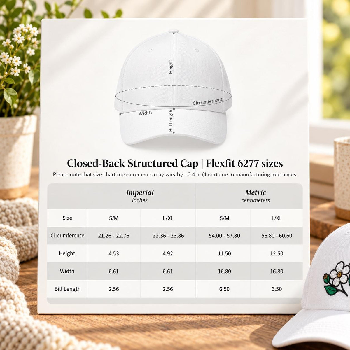 Flexfit 6277 size chart showing cap measurements and fit information for S/M and L/XL sizes.
