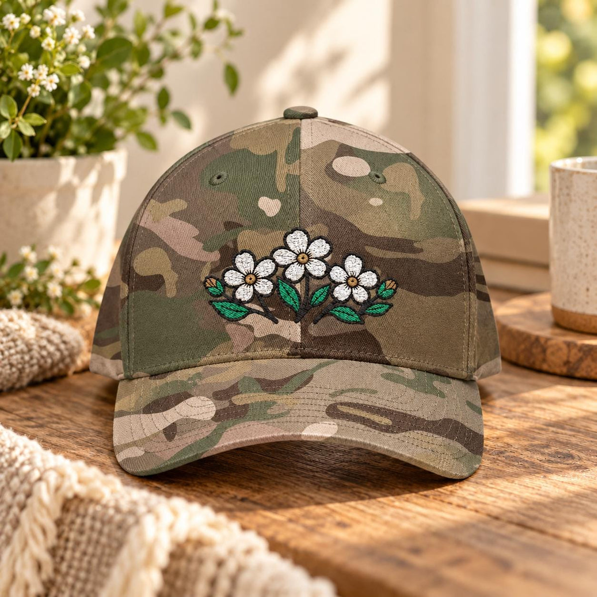 Camouflage Flexfit hat displaying the embroidered white flower cluster with green leaves for a rustic outdoor look.