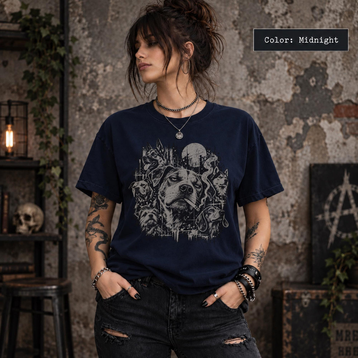 Midnight Comfort Colors 1717 T-shirt featuring a distressed vintage-style graphic of multiple dogs, including a bold central dog with a cigarette, styled with a dark grunge aesthetic.