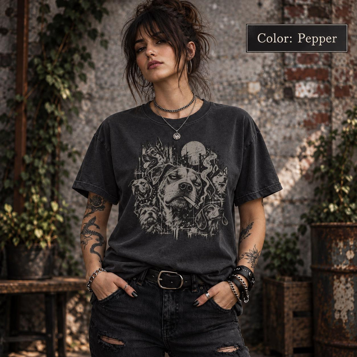 Pepper Comfort Colors 1717 T-shirt featuring a distressed vintage-style graphic of multiple dogs, including a bold central dog with a cigarette, styled with a dark grunge aesthetic.