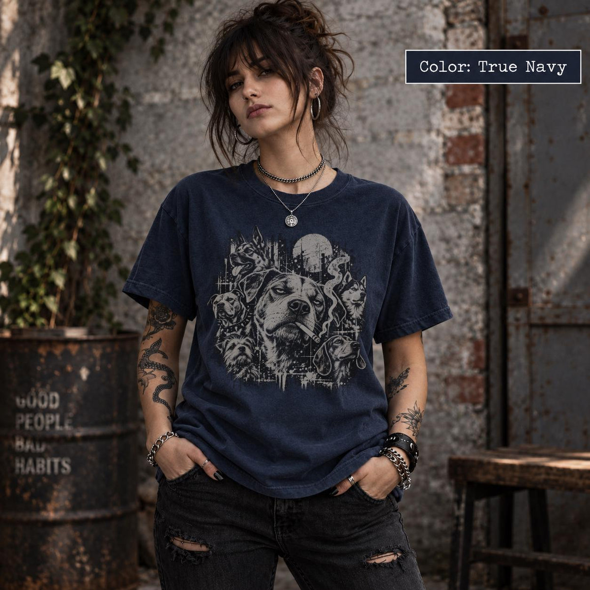 True Navy Comfort Colors 1717 T-shirt featuring a distressed vintage-style graphic of multiple dogs, including a bold central dog with a cigarette, styled with a dark grunge aesthetic.