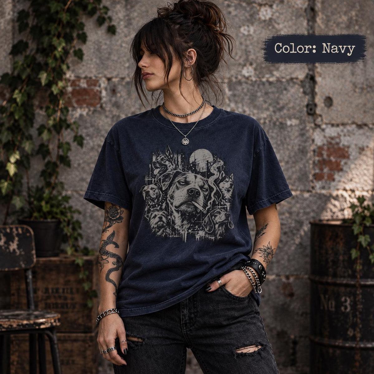 Navy Comfort Colors 1717 T-shirt featuring a distressed vintage-style graphic of multiple dogs, including a bold central dog with a cigarette, styled with a dark grunge aesthetic.
