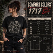 Size chart for Comfort Colors 1717 T-shirt featuring a distressed vintage-style graphic of multiple dogs, including a bold central dog with a cigarette, styled with a dark grunge aesthetic.