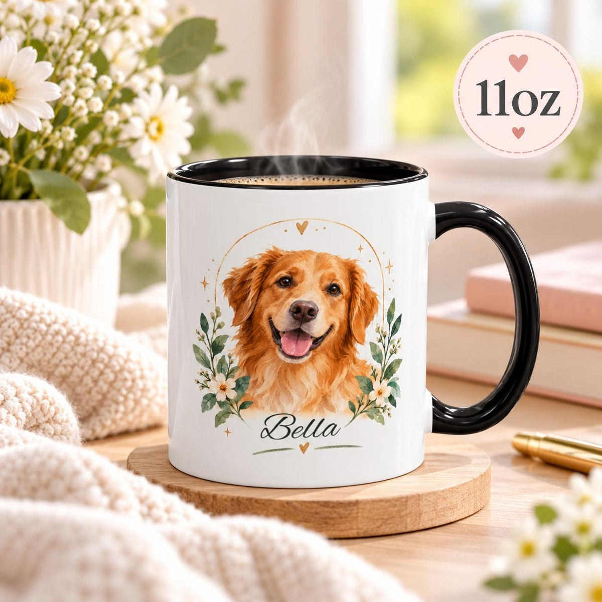 11oz personalized pet mug displaying the golden retriever floral portrait with custom name, black handle, and matching black interior.