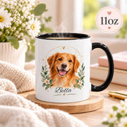 11oz personalized pet mug displaying the golden retriever floral portrait with custom name, black handle, and matching black interior.