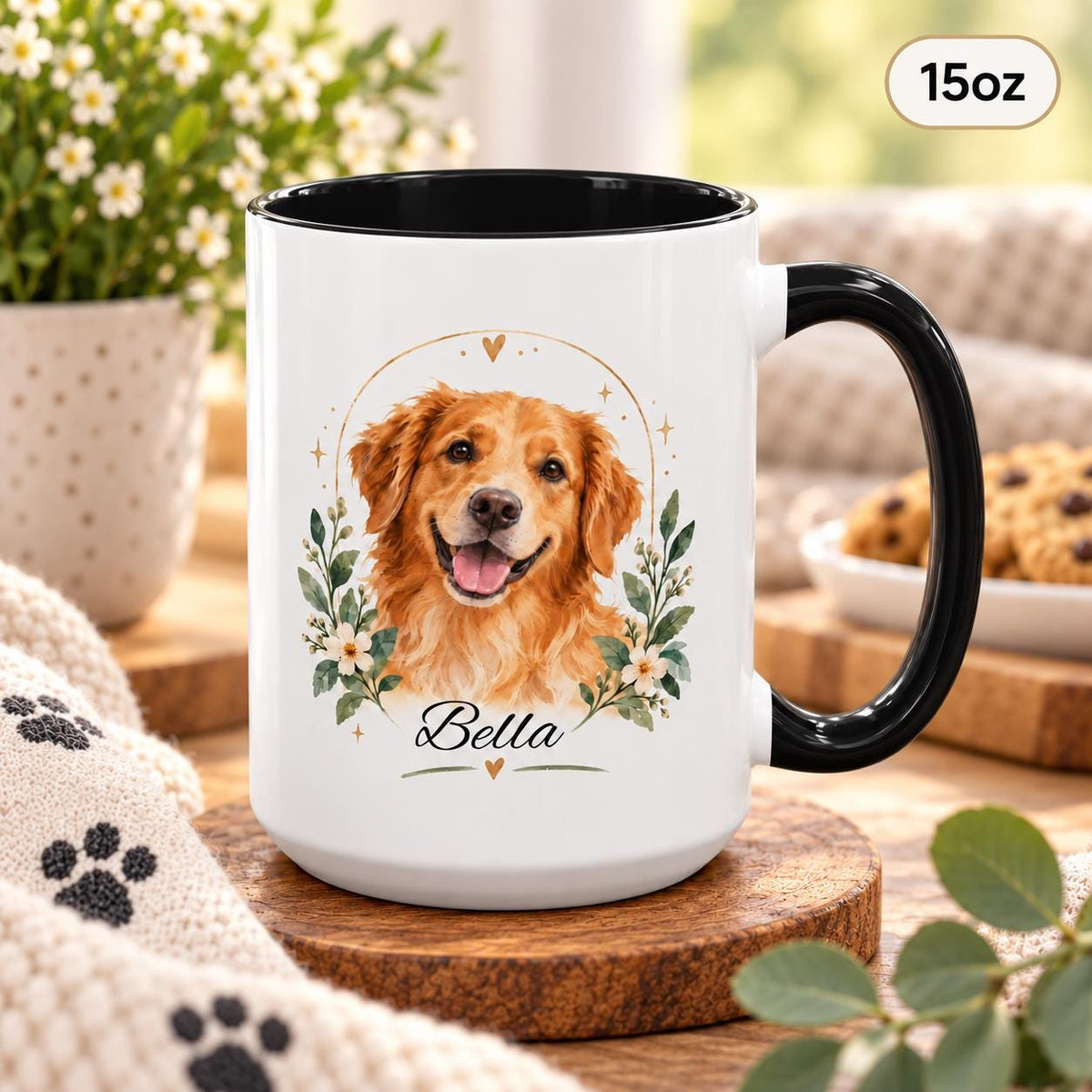 15oz white ceramic mug featuring the custom dog portrait design with golden retriever, leaves, flowers, and personalized name.