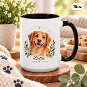 15oz white ceramic mug featuring the custom dog portrait design with golden retriever, leaves, flowers, and personalized name.