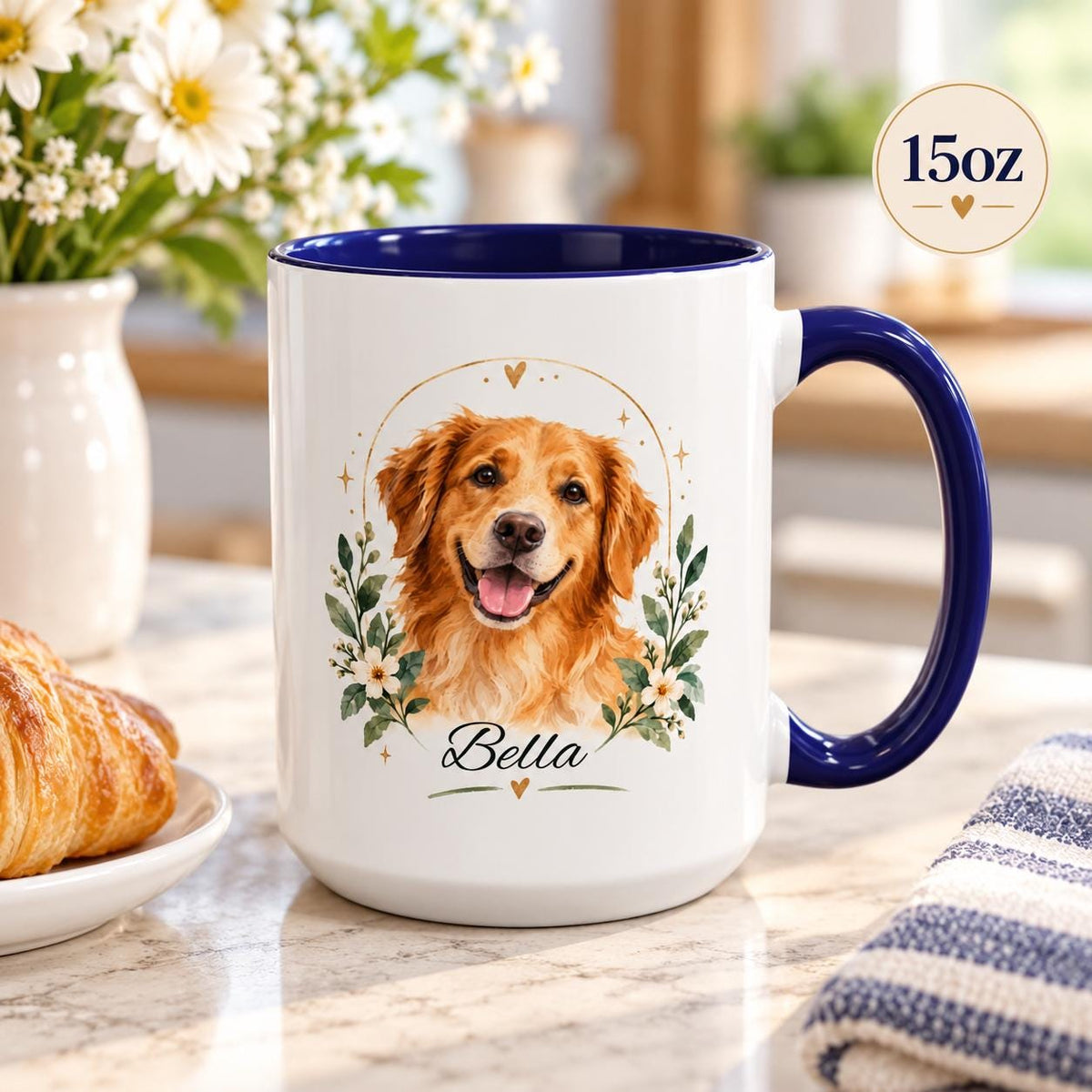 15oz navy accent mug featuring the personalized dog portrait with floral greenery and script name.