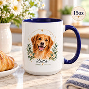 15oz navy accent mug featuring the personalized dog portrait with floral greenery and script name.