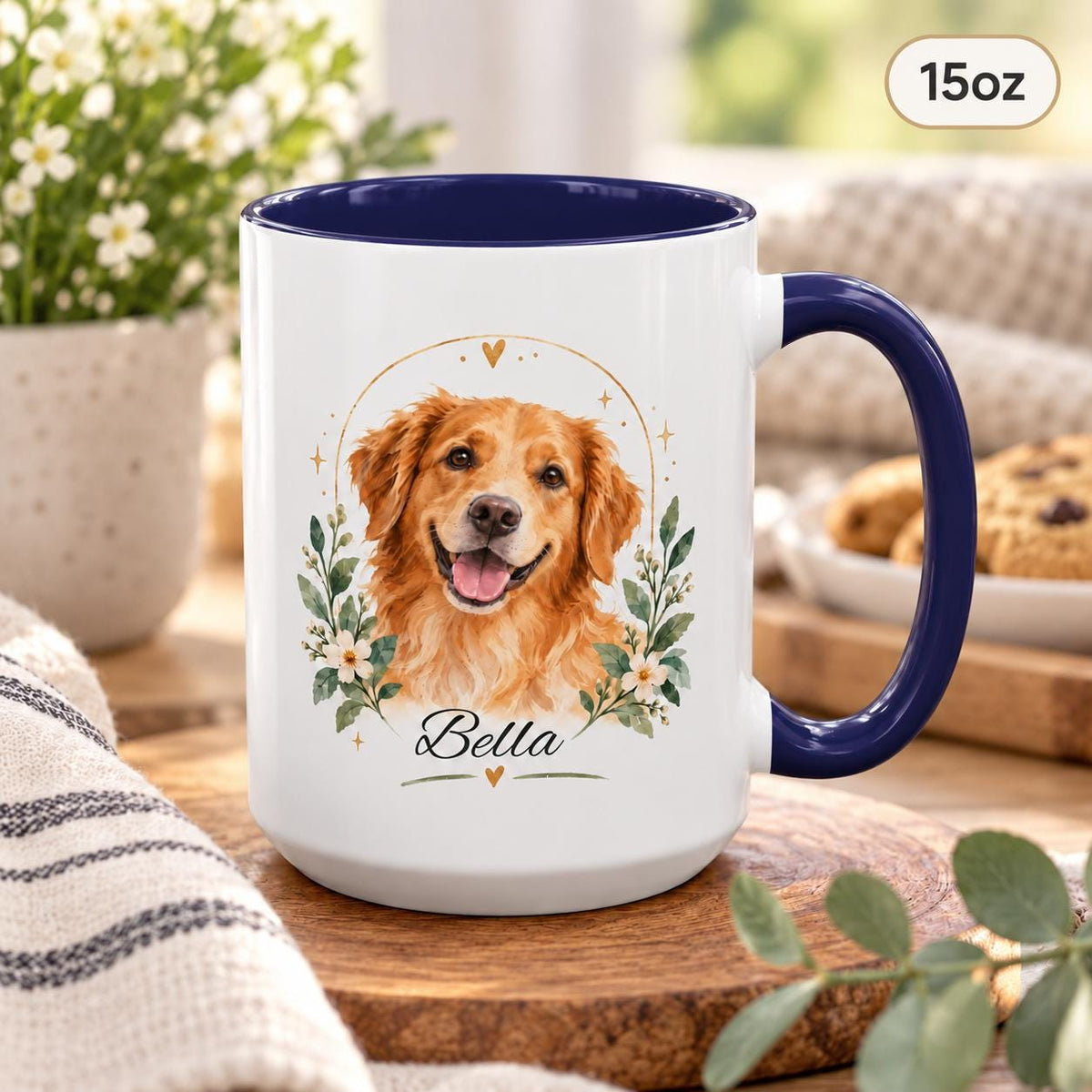 15oz navy handle and interior mug displaying the golden retriever keepsake design with custom name.