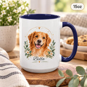 15oz navy handle and interior mug displaying the golden retriever keepsake design with custom name.