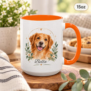 15oz orange accent mug featuring the personalized pet portrait with floral wreath details and script name.