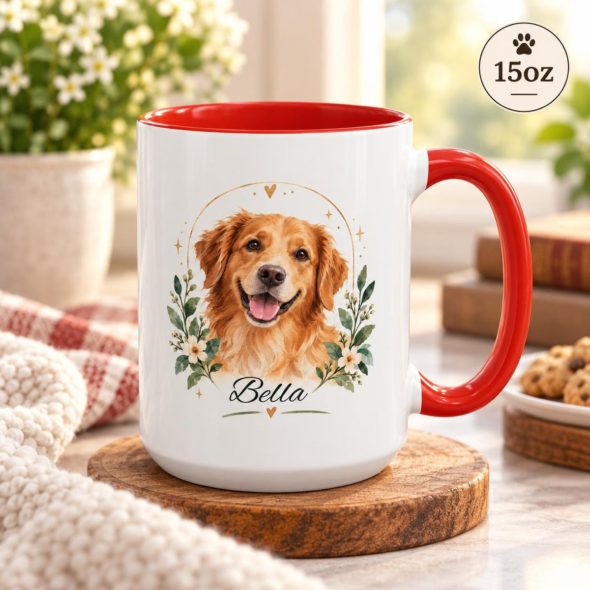 15oz red accent mug displaying the personalized dog portrait with botanical details and name lettering.