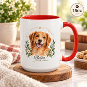 15oz red accent mug displaying the personalized dog portrait with botanical details and name lettering.