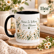 11oz lifestyle mockup featuring the botanical quote mug styled with flowers, a wooden coaster, and cozy neutral decor.
