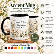 Product information mockup showing the accent mug design with size options, color choices, ceramic construction, and key product features.