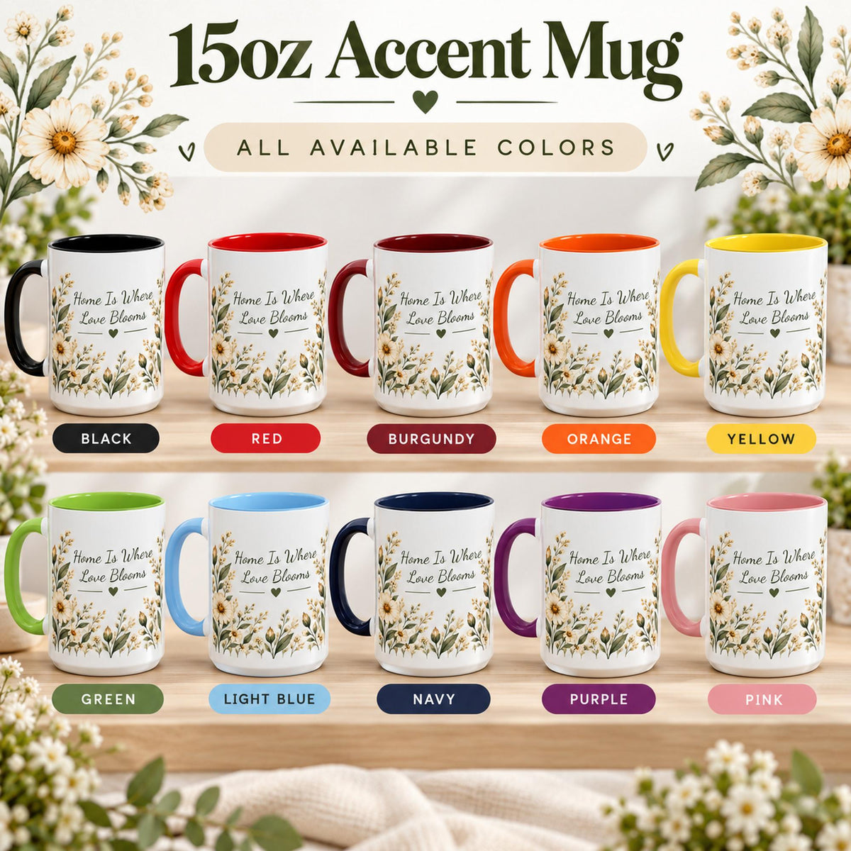Accent mug color chart showing available handle and interior color options for the personalized floral quote design.