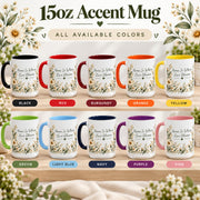 Accent mug color chart showing available handle and interior color options for the personalized floral quote design.