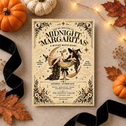 Witchy movie night party invitation displayed on a warm beige surface surrounded by orange pumpkins, autumn leaves, fairy lights, and black ribbon. The retro Halloween template features a crescent moon and margarita-themed witch artwork.