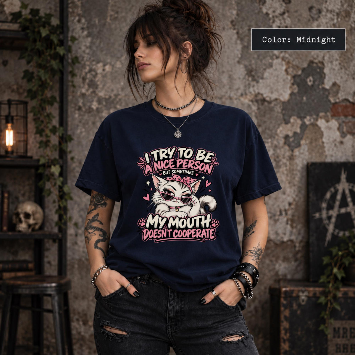 Midnight navy Comfort Colors tee showing the colorful sarcastic cat graphic with retro lettering and a relaxed unisex fit.