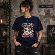 Midnight navy Comfort Colors tee showing the colorful sarcastic cat graphic with retro lettering and a relaxed unisex fit.
