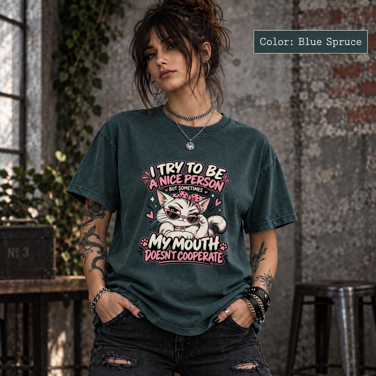 Blue Spruce Comfort Colors shirt featuring the sarcastic kitty design on a deep green-blue garment-dyed tee.