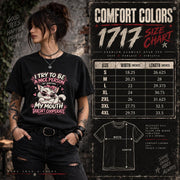Black Comfort Colors 1717 mockup showing the sassy cat shirt alongside a size chart and garment information.
