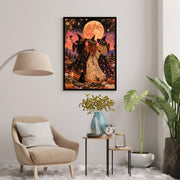 Retro celestial wall art displayed above a cream accent chair with a floor lamp and leafy plants. The whimsical poster features three witches celebrating friendship beneath a glowing moon with pumpkins and a black cat.