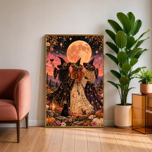 Witchy Wall Art Printable, Three Witches Poster, Retro Halloween Decor, Celestial Boho Art, Girls Night Digital Print
