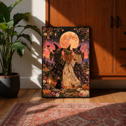 Moonlight, Magic & Mischief poster displayed in a warm wood-paneled room with a vintage rug and tropical greenery. The vibrant illustration features three witches, a glowing moon, desert cacti, and colourful floral details.