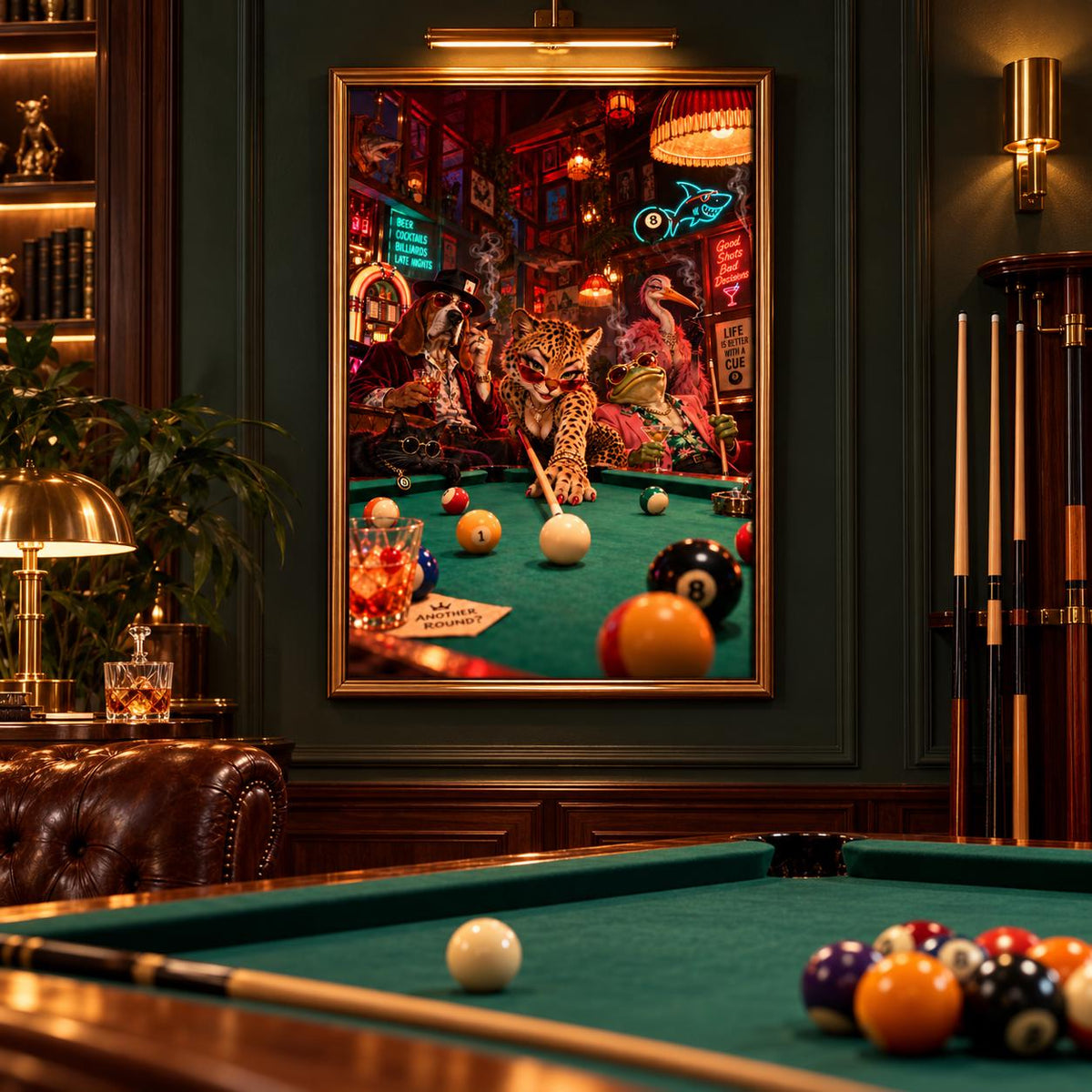 Retro animal wall art displayed in a large portrait frame above a green felt billiards table. The game room features dark wood paneling, pool cues, warm ambient lighting, and a colourful leopard-inspired print.