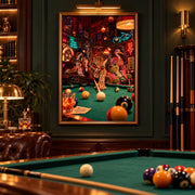 Retro animal wall art displayed in a large portrait frame above a green felt billiards table. The game room features dark wood paneling, pool cues, warm ambient lighting, and a colourful leopard-inspired print.