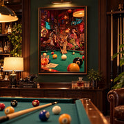Funky pool room decor featuring a framed animal billiards poster against a deep green wall. A realistic pool table with scattered balls, warm pendant lighting, and vintage furnishings creates an inviting entertainment space.