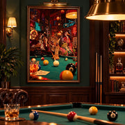Funny animal billiards wall art displayed above a pool table in a dark, vintage-inspired lounge. Warm golden lighting, classic wooden furnishings, and realistic billiards equipment frame the colourful poster.