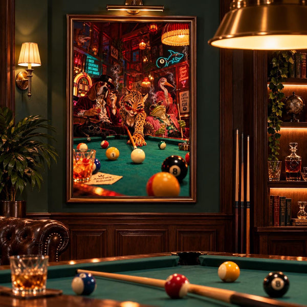Funny animal billiards wall art displayed above a pool table in a dark, vintage-inspired lounge. Warm golden lighting, classic wooden furnishings, and realistic billiards equipment frame the colourful poster.