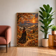 Framed mystical autumn landscape displayed above a neatly made cream bed with soft neutral bedding. The vintage-inspired witch painting features a glowing harvest moon, black cat, winding path, and rich orange foliage.