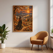 Autumn fantasy wall art displayed above a wooden console table with soft ambient lighting. The framed painting features a witch carrying a lantern through a golden fall landscape toward an enchanted village.