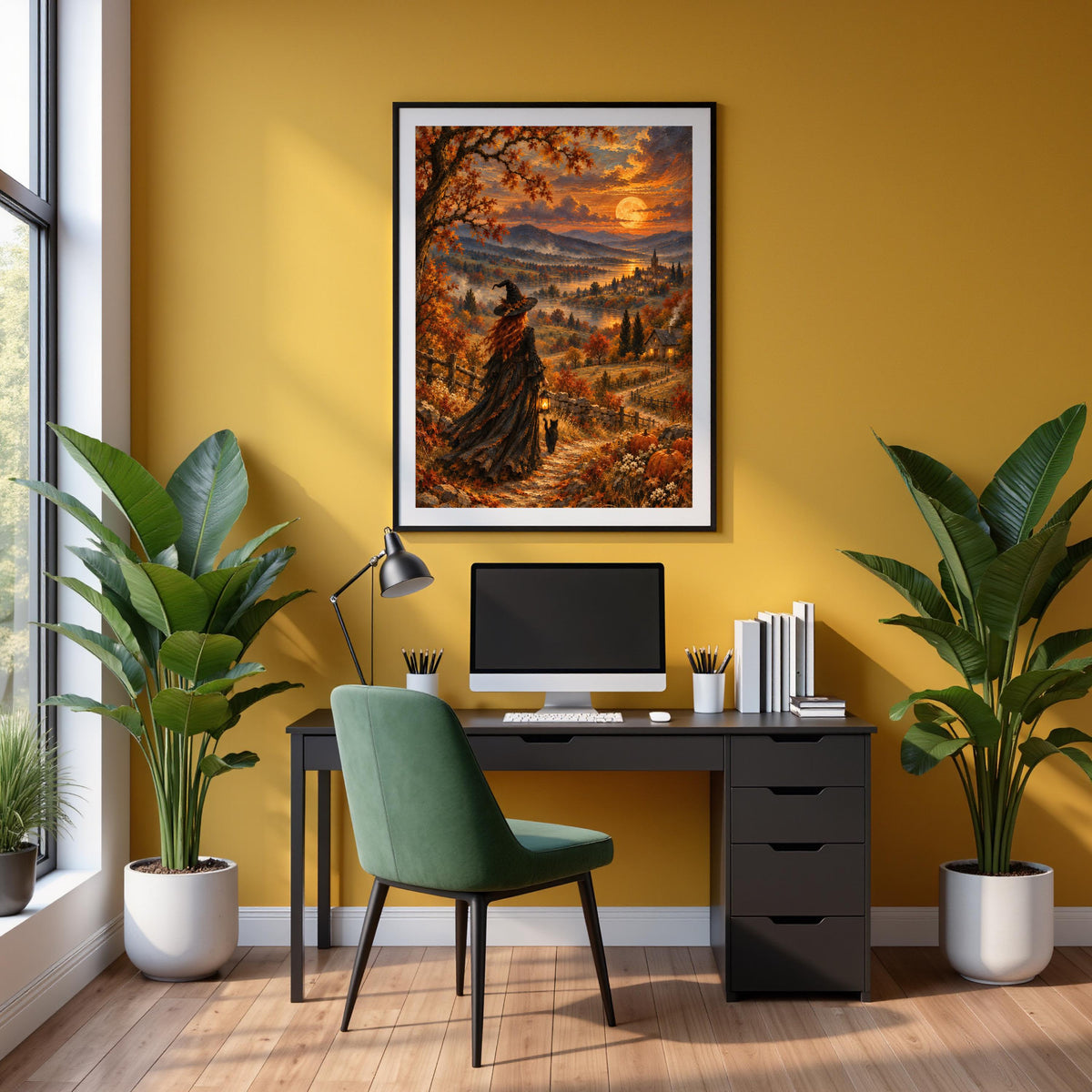 Mystical Autumn Witch Wall Art displayed beside a printable artwork information panel. The vintage landscape features a red-haired witch, black cat, glowing lantern, golden harvest moon, and autumn village, with digital download and print size information.