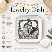 Product details mockup for a 4.5-inch ceramic jewelry dish featuring a personalized wedding portrait, gold trim, and custom couple details.