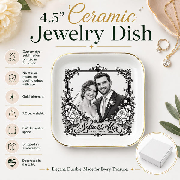 Product details mockup for a 4.5-inch ceramic jewelry dish featuring a personalized wedding portrait, gold trim, and custom couple details.