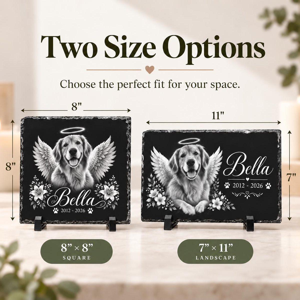 Size guide showing the two pet memorial slate options: 8 x 8 inch square and 7 x 11 inch landscape.