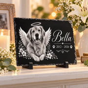 Landscape pet memorial plaque featuring a black-and-white dog portrait with halo, wings, floral details, custom name Bella, and remembrance dates.