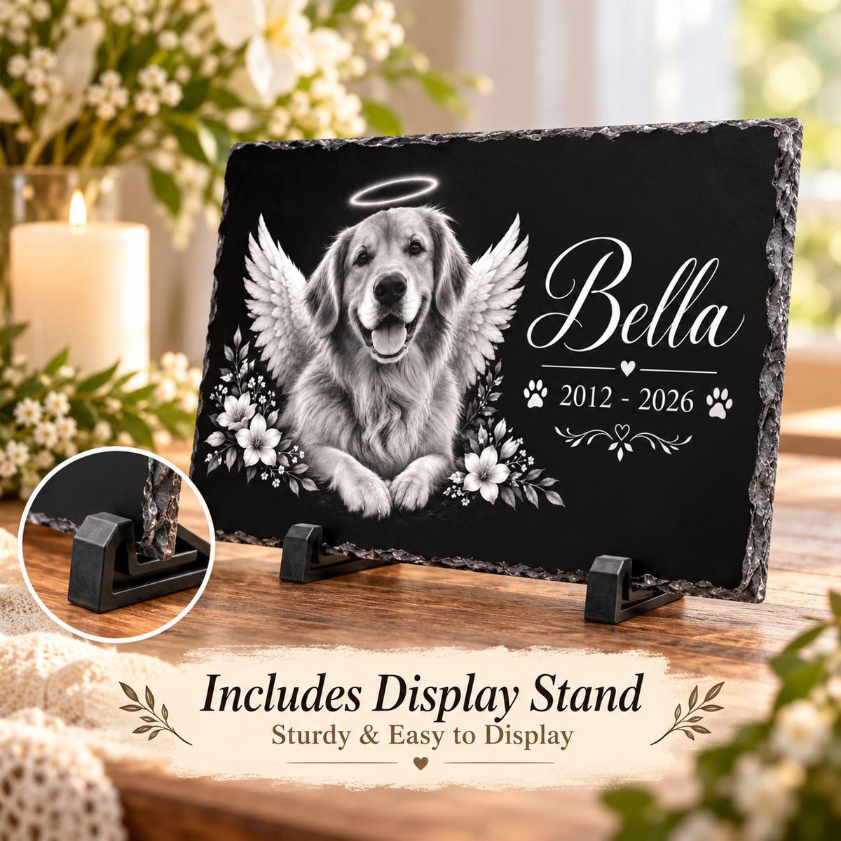 Product mockup showing the pet memorial slate with an included display stand and a close-up view of the personalized dog tribute design.