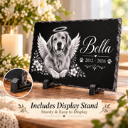 Product mockup showing the pet memorial slate with an included display stand and a close-up view of the personalized dog tribute design.